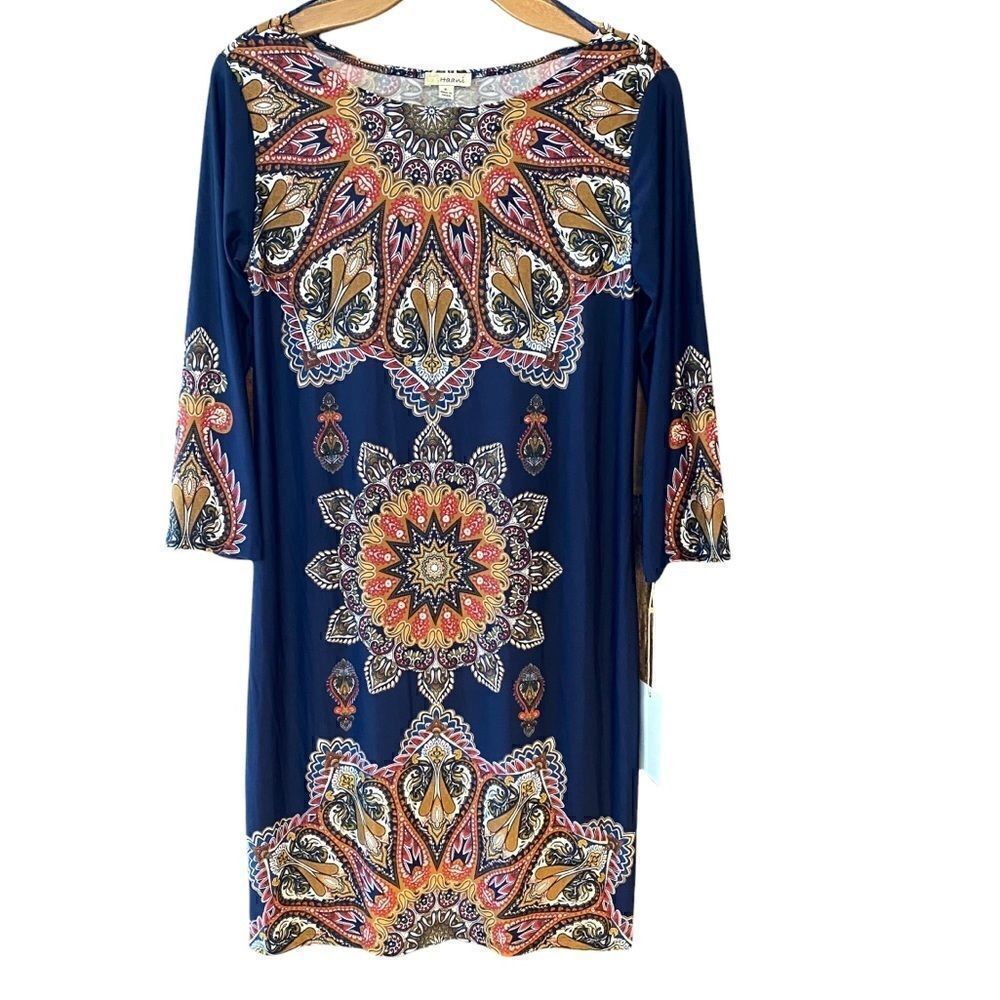 Haani S Blue Bali Bohemian Paisley Relaxed Long Sleeve Workwear Shift Dress